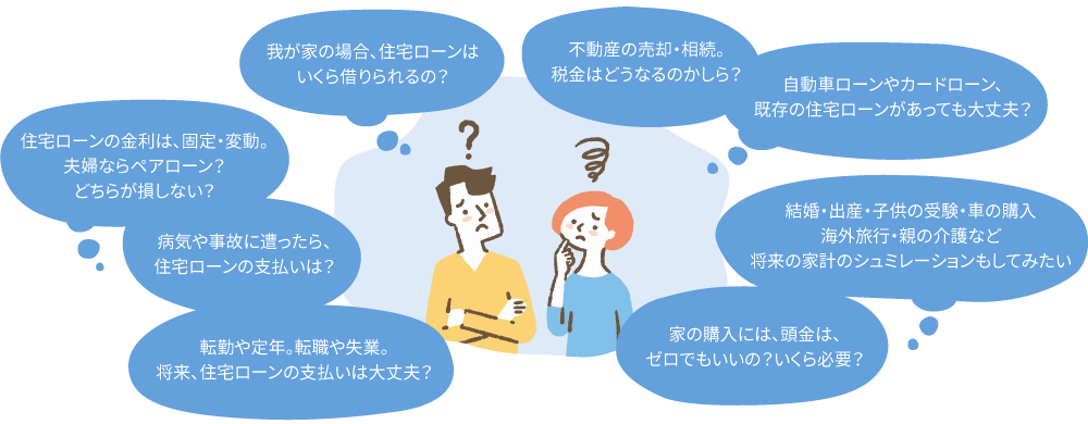 転勤や定年。転職や失業。将来、住宅ローンの支払いは大丈夫？／病気や事故に遭ったら、住宅ローンの支払いは？／住宅ローンの金利は、固定・変動。夫婦ならペアローン？どちらが損しない？／我が家の場合、住宅ローンはいくら借りられるの？／不動産の売却・相続。税金はどうなるのかしら？／自動車ローンやカードローン、既存の住宅ローンがあっても大丈夫？／結婚・出産・子供の受験・車の購入海外旅行・親の介護など将来の家計のシュミレーションもしてみたい／家の購入には、頭金は、ゼロでもいいの？いくら必要？